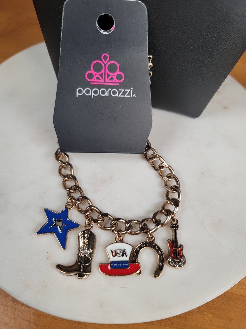 Paparazzi Gold Charm Bracelet with Patriotic Cowboy Charms